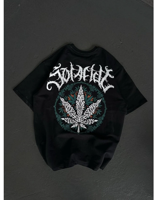 Bisiklet Yaka Baskılı Oversize T-Shirt - Siyah -