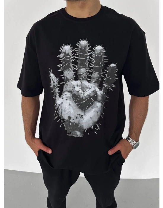 Bisiklet Yaka Baskılı Oversize T-Shirt - Siyah -