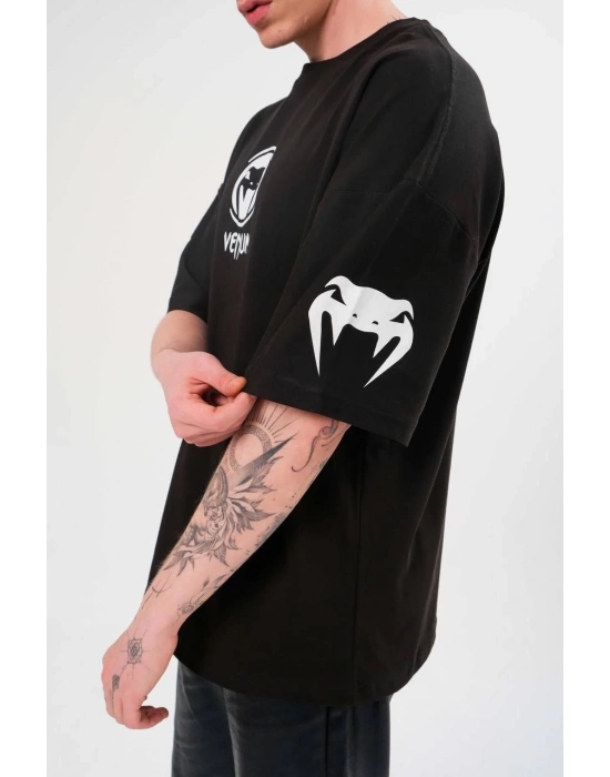 Bisiklet Yaka Baskılı Oversize T-Shirt - Siyah -