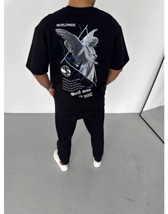 Bisiklet Yaka Baskılı Oversize T-Shirt - Siyah -