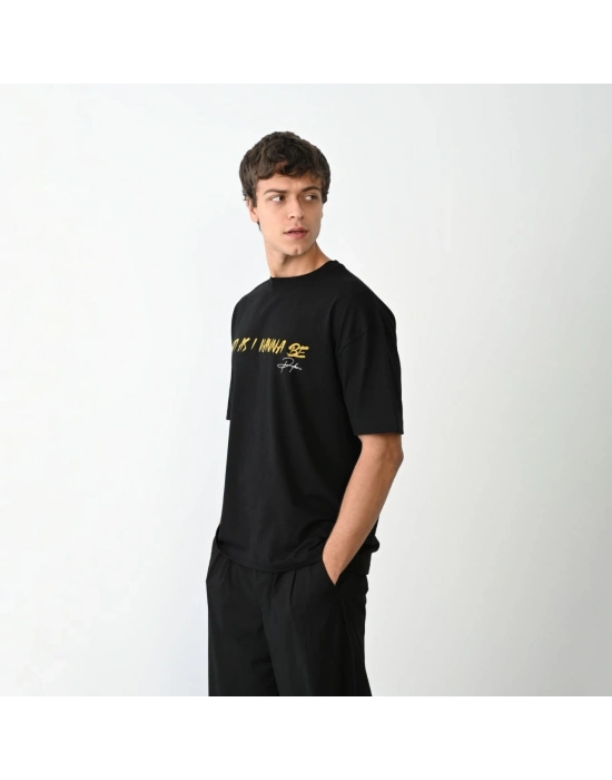 Bisiklet Yaka Baskılı Oversize T-Shirt - Siyah -