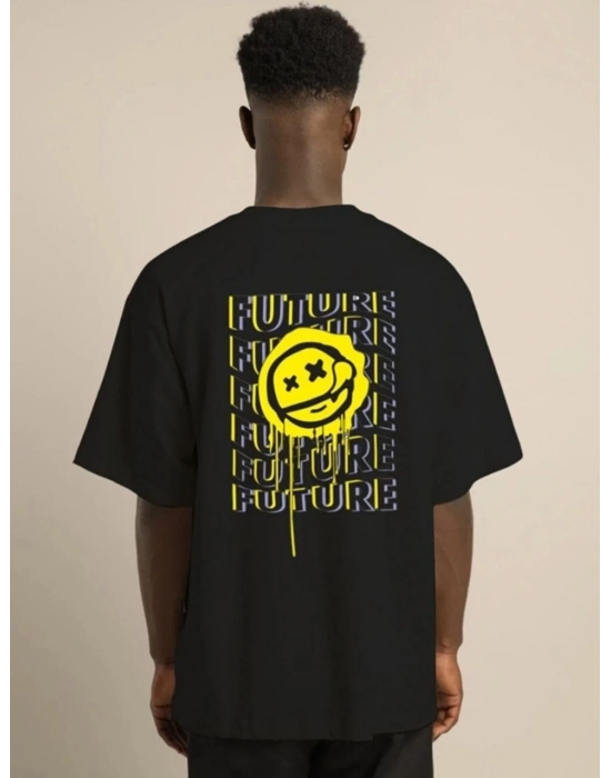 Bisiklet Yaka Baskılı Oversize T-Shirt - Siyah -