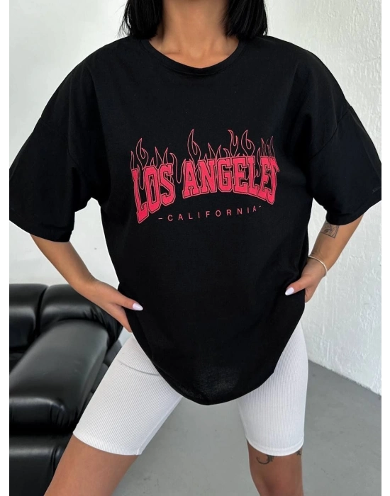 Bisiklet Yaka Baskılı Oversize T-Shirt - Siyah -