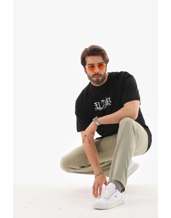 Bisiklet Yaka Baskılı Oversize T-Shirt - Siyah -