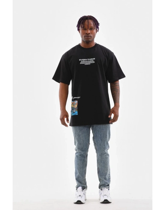 Bisiklet Yaka Baskılı Oversize T-Shirt - Siyah -