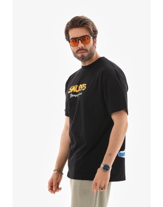 Bisiklet Yaka Baskılı Oversize T-Shirt - Siyah -