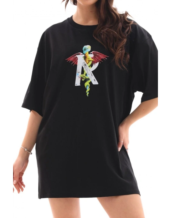 Bisiklet Yaka Baskılı Oversize T-Shirt - Siyah -