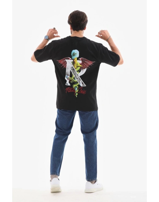 Bisiklet Yaka Baskılı Oversize T-Shirt - Siyah -