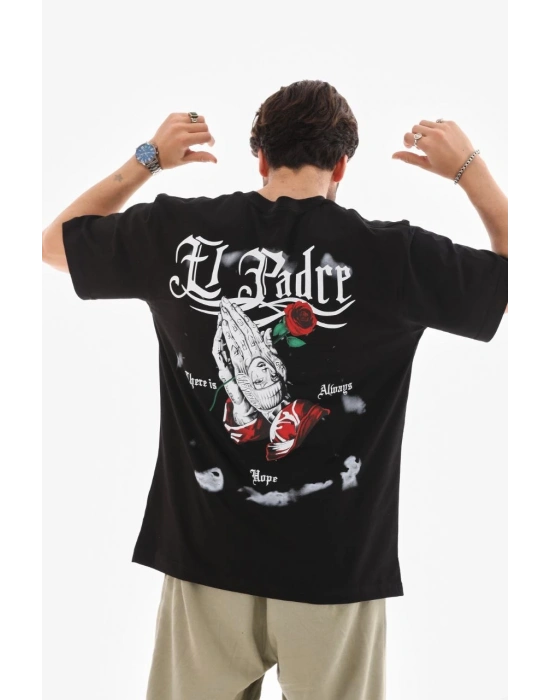 Bisiklet Yaka Baskılı Oversize T-Shirt - Siyah -