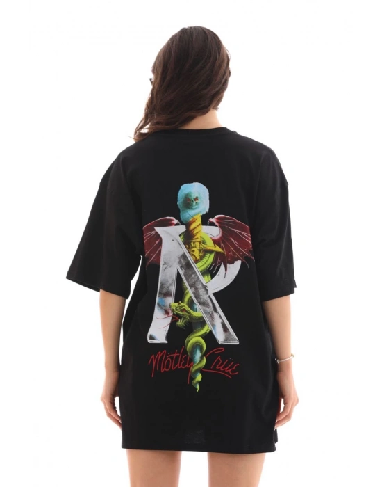 Bisiklet Yaka Baskılı Oversize T-Shirt - Siyah -