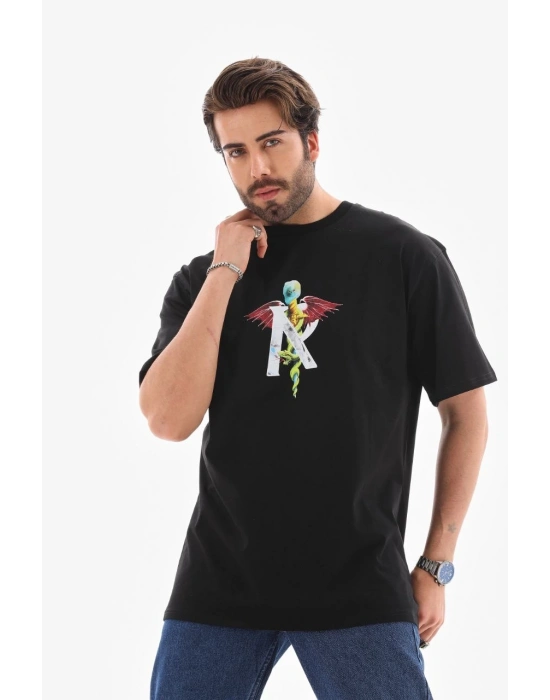 Bisiklet Yaka Baskılı Oversize T-Shirt - Siyah -