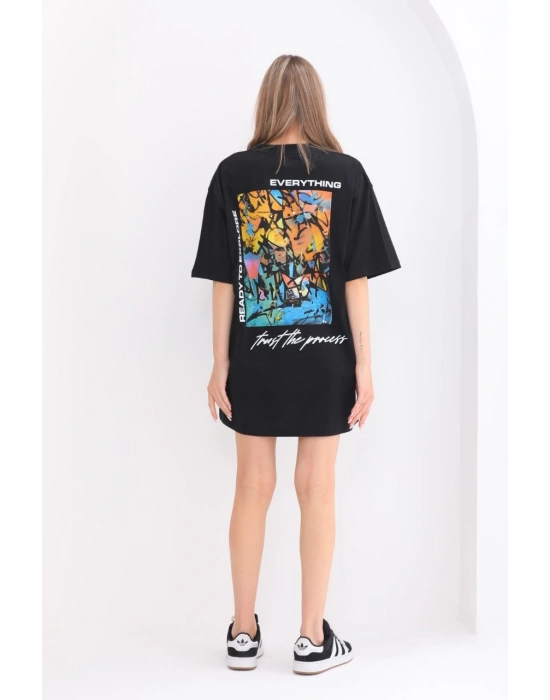 Bisiklet Yaka Baskılı Oversize T-Shirt - Siyah -