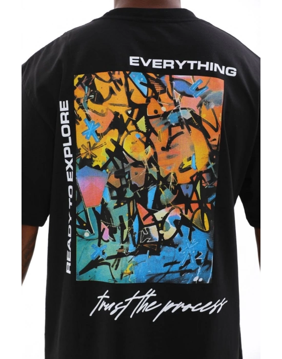 Bisiklet Yaka Baskılı Oversize T-Shirt - Siyah -