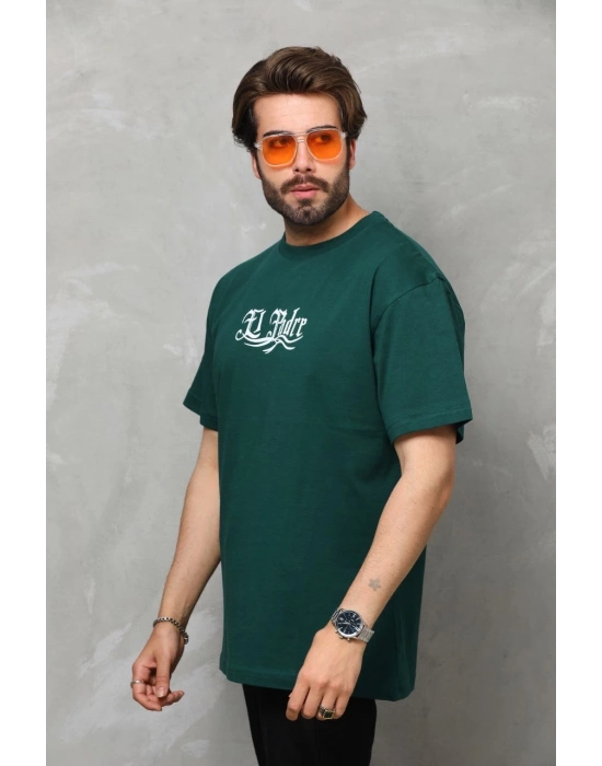 Bisiklet Yaka Baskılı Oversize T-Shirt - Yeşil -