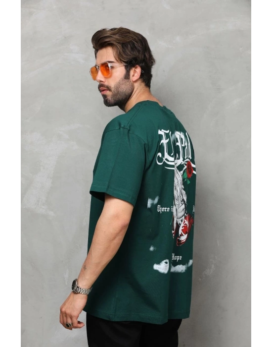 Bisiklet Yaka Baskılı Oversize T-Shirt - Yeşil -