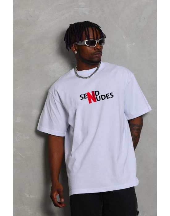 Bisiklet Yaka Double Oversize Baskılı T-Shirt - Beyaz -