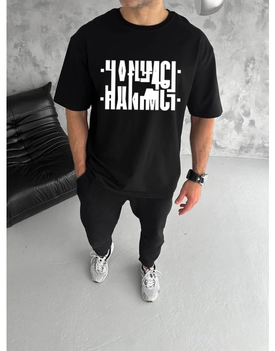 Bisiklet Yaka Katlanan Baskılı T-Shirt - Siyah -