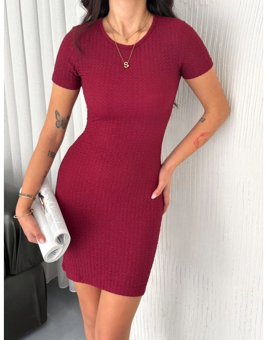 Bisiklet Yaka Kısa Kol Likralı Elbise - Bordo -