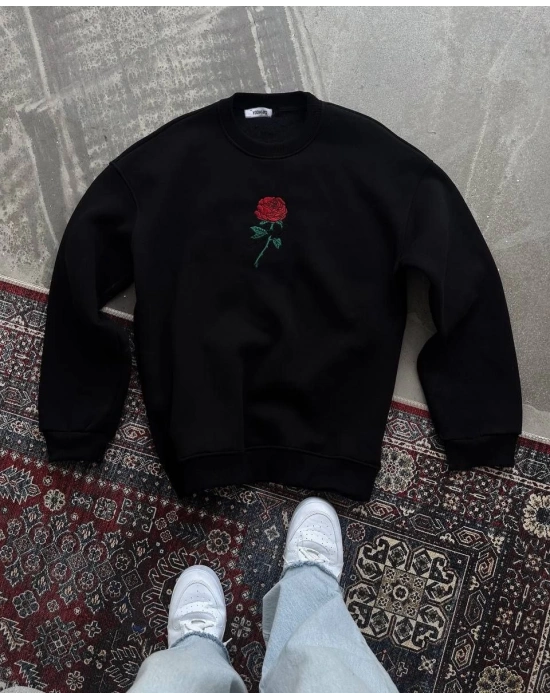 Bisiklet Yaka Ön Ve Arka Baskılı SweatShirt - Siyah -