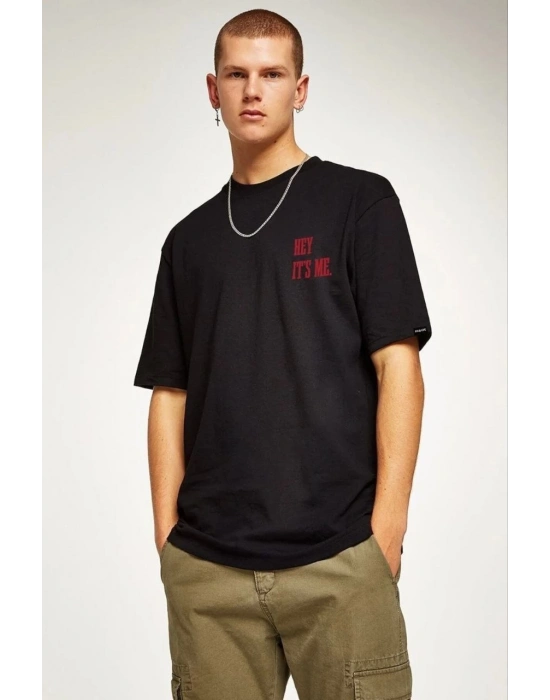 Bisiklet Yaka Oversize Baskılı T-Shirt - Siyah -