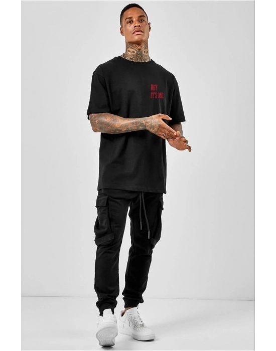 Bisiklet Yaka Oversize Baskılı T-Shirt - Siyah -