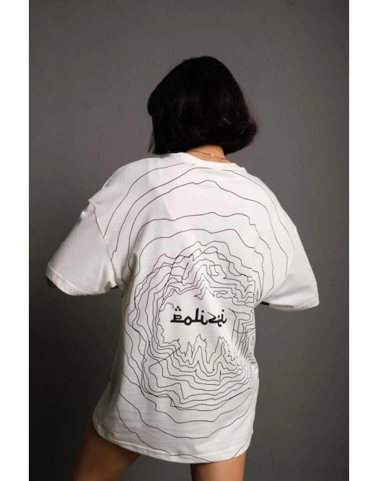 Bisiklet Yakalı Sırt Baskılı Oversize T-Shirt - Beyaz -