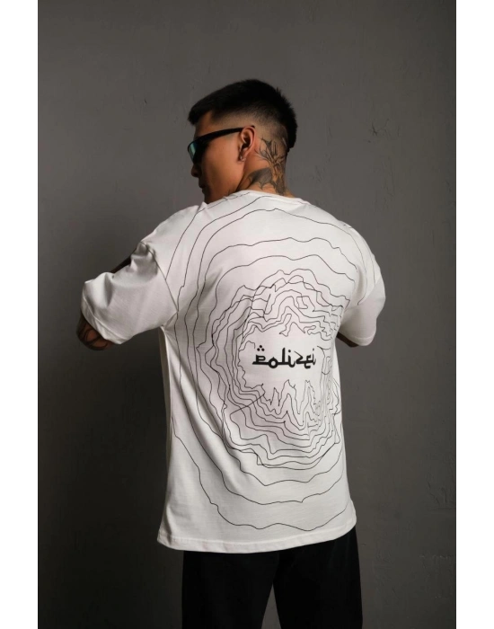 Bisiklet Yakalı Sırt Baskılı Oversize T-Shirt - Beyaz -