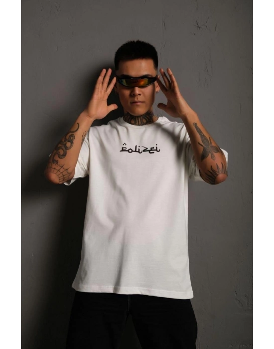 Bisiklet Yakalı Sırt Baskılı Oversize T-Shirt - Beyaz -