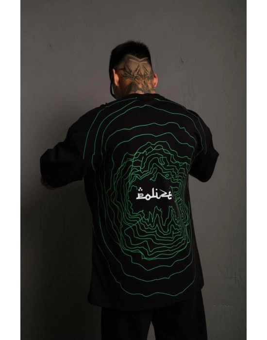 Bisiklet Yakalı Sırt Baskılı Oversize T-Shirt - Siyah -