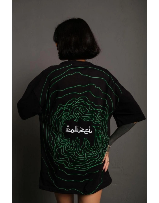 Bisiklet Yakalı Sırt Baskılı Oversize T-Shirt - Siyah -