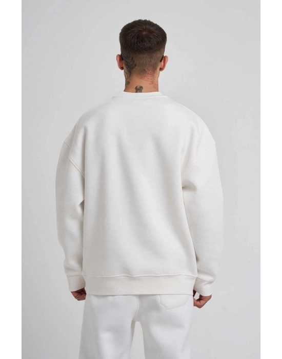 Biskilet Yaka Üç İplik SweatShirt - Beyaz -