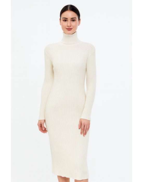 Boğazlı Triko Elbise - Beyaz -