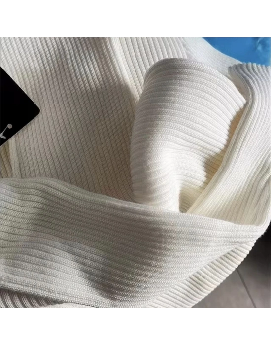 Boğazlı Triko Elbise - Beyaz -