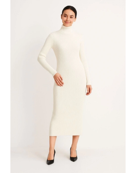 Boğazlı Triko Elbise - Beyaz -