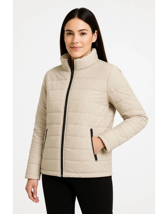 Bomber Mont Ceket – Su İtici Kumaş, Kapitone Astarlı, Fermuarlı, Kışlık - Bej -