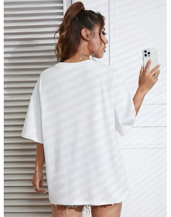 Brooklyn Harf Baskılı Düşük Omuzlu T-shirt, Rahat Kısa Kollu Bol T-shirt,   Giyim - Beyaz -