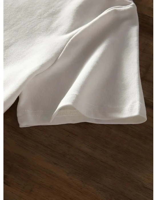 Brooklyn Harf Baskılı Düşük Omuzlu T-shirt, Rahat Kısa Kollu Bol T-shirt,   Giyim - Beyaz -