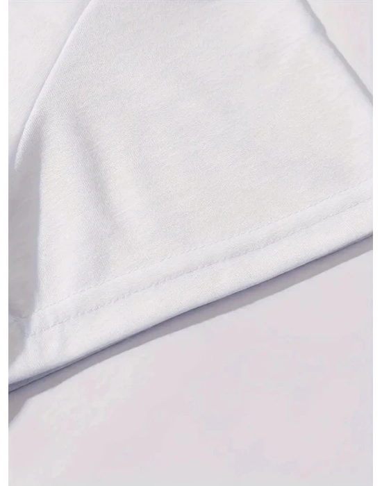 Brooklyn Harf Baskılı Düşük Omuzlu T-shirt, Rahat Kısa Kollu Bol T-shirt,   Giyim - Beyaz -