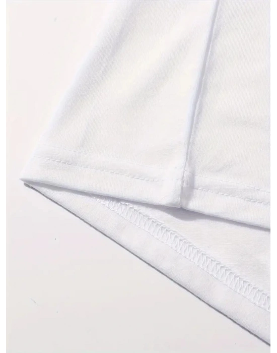 Brooklyn Harf Baskılı Düşük Omuzlu T-shirt, Rahat Kısa Kollu Bol T-shirt,   Giyim - Beyaz -