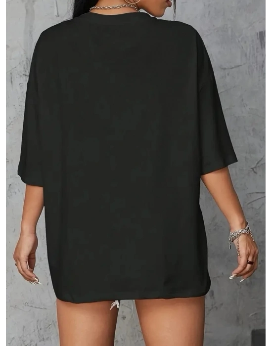 Brooklyn Harf Baskılı Düşük Omuzlu T-shirt, Rahat Kısa Kollu Bol T-shirt,   Giyim - Siyah -