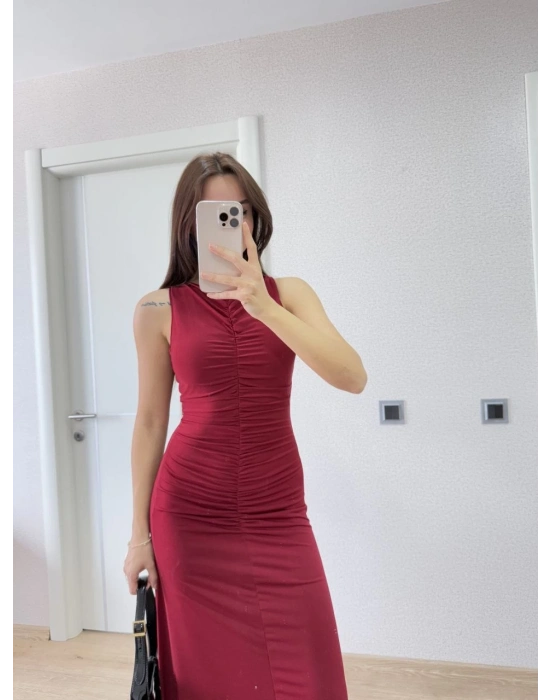 Bürümcük Kumaşlı İçi Astarlı Üzgülü Kolsuz Büzgülü Uzun Elbise - Kırmızı -