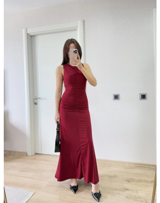 Bürümcük Kumaşlı İçi Astarlı Üzgülü Kolsuz Büzgülü Uzun Elbise - Kırmızı -