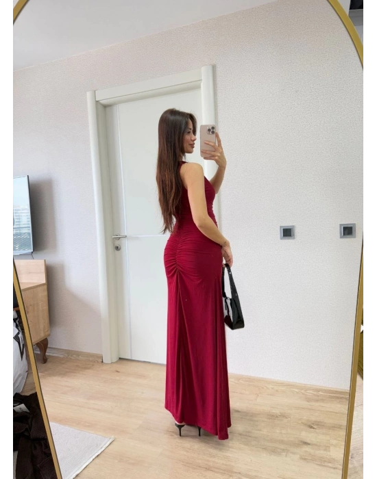 Bürümcük Kumaşlı İçi Astarlı Üzgülü Kolsuz Büzgülü Uzun Elbise - Kırmızı -