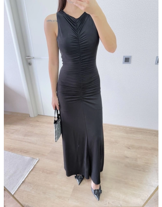 Bürümcük Kumaşlı İçi Astarlı Üzgülü Kolsuz Büzgülü Uzun Elbise - Siyah -