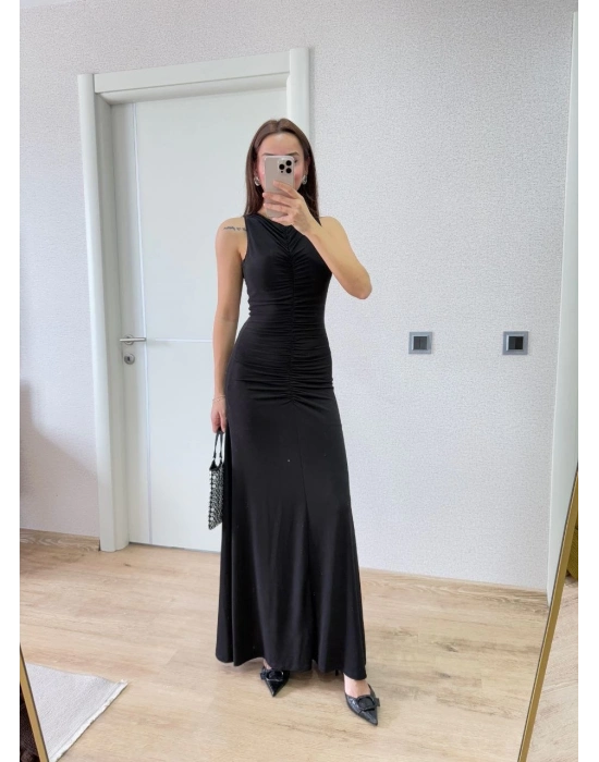 Bürümcük Kumaşlı İçi Astarlı Üzgülü Kolsuz Büzgülü Uzun Elbise - Siyah -