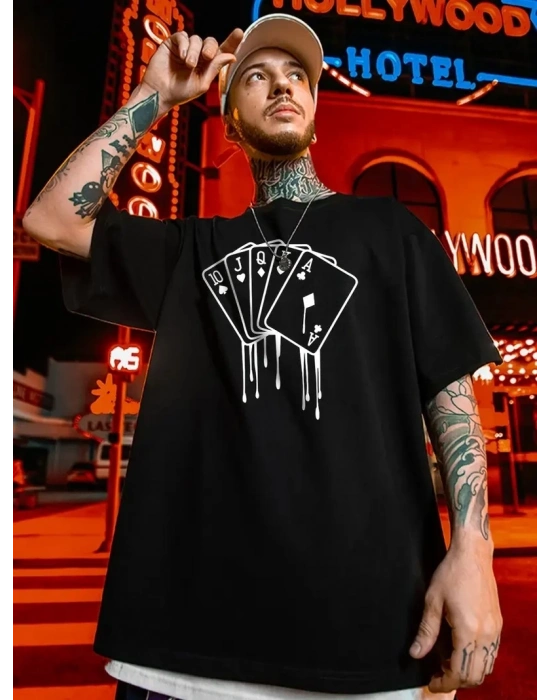 büyük beden Kart baskılı düz renk kısa kollu bisiklet yaka tişört gündelik giyim - Siyah -