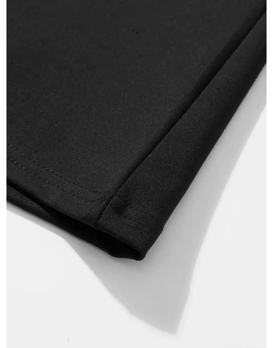 büyük beden Kart baskılı düz renk kısa kollu bisiklet yaka tişört gündelik giyim - Siyah -