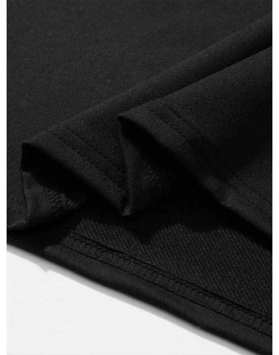 büyük beden Kart baskılı düz renk kısa kollu bisiklet yaka tişört gündelik giyim - Siyah -