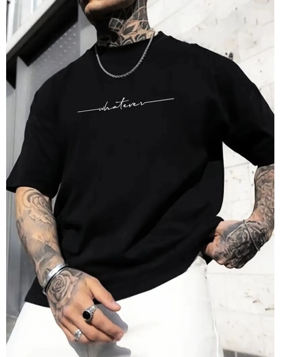 Büyük Beden   Whatever Baskılı Tişört, Oversize- Siyah -