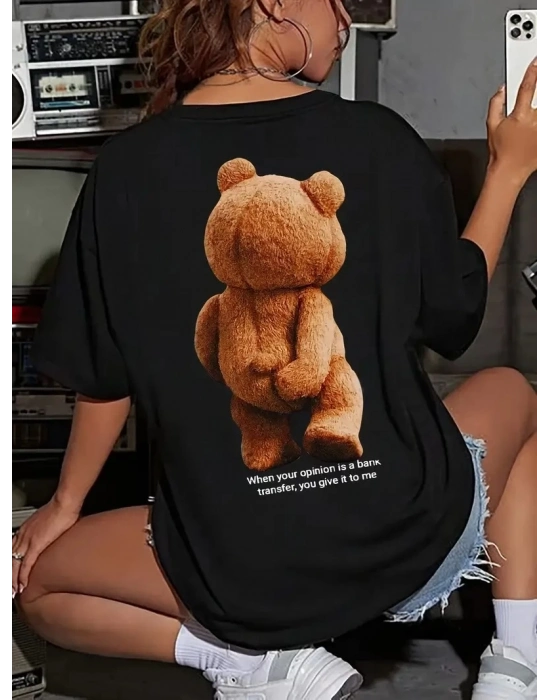 Büyük Boy Ayıcık Baskılı Bisiklet Yaka T-Shirt- Siyah -